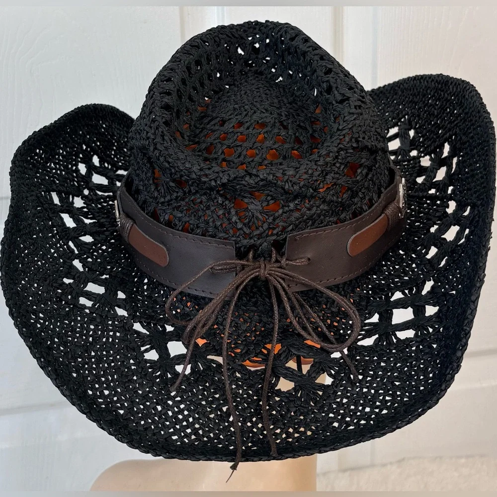 Men’s Black Straw Cowboy Hat With Vegan Leather Concho Band~Large - Picture 3 of 5
